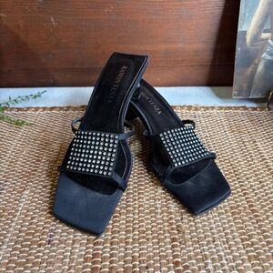 Vintage Ramon Tenza Black Square Toe Satin & Leather Rhinestone Slides Size 7.5B